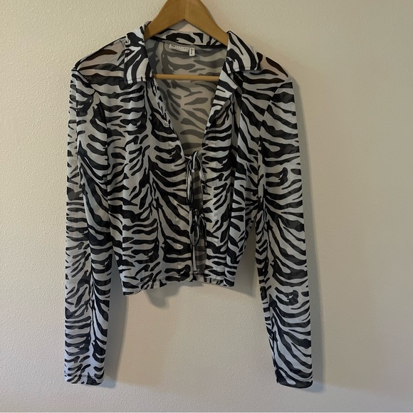 ASOS Design Zebra Print Mesh Cropped Shirt with Tie Closure Black White-12 Tall - Picture 2 of 13